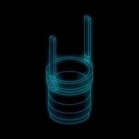 Neon bucket hanging from crane hook glowing on black background vector