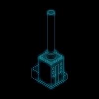 Neon blue factory building with smoking chimney at night isometric projection vector