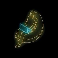 Man working from home sitting on sofa using laptop neon illustration vector