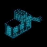 Modern factory building with conveyor belt in neon style vector