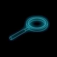 Neon magnifying glass shining on dark background vector
