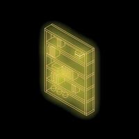 Neon yellow bookshelf shining in the dark isometric view vector