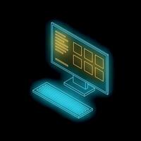 Neon computer monitor showing software application interface with keyboard on black background vector
