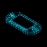 Neon blue portable gaming console floating on black background vector