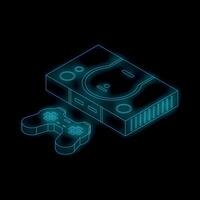 Neon game console and controller glowing on black background vector