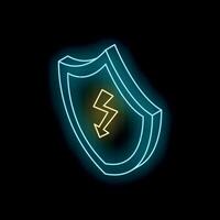 Neon shield protecting from lightning strike on black background vector