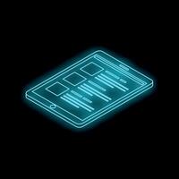 Neon blue tablet showing responsive website design on black background vector