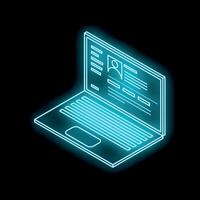 Neon blue laptop displaying a profile page on a black background vector