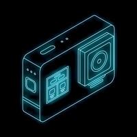 Neon blue action camera showing display screen isometric view vector