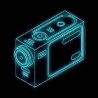 Neon action camera glowing on dark background vector