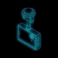 Neon cctv camera observing from above on black background vector