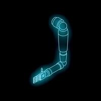 Neon blue outline of robotic arm with sensors is on black background vector