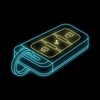 Glowing neon car remote key icon isolated on black background with car key and remote fob vector