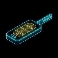 Glowing neon car key with remote control buttons on black background vector