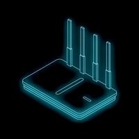 Wireless router glowing with blue neon light on black background vector