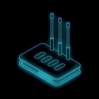Neon blue wi fi router glowing on a black background vector