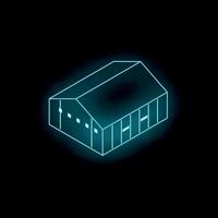 Neon style isometric warehouse building glowing on black background vector