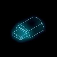 Neon blue warehouse building shining on black background vector