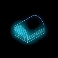 Glowing neon hangar building projecting light on black background vector