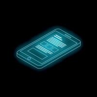 Neon smartphone showing mobile app interface on black background vector
