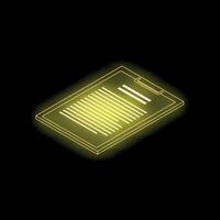 Neon yellow clipboard holding paper with lines forming isometric document icon vector