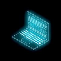 Neon blue laptop showing website interface in isometric view vector