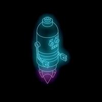 Neon robot taking off with rocket booster isometric illustration vector