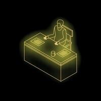 Neon isometric icon of a businessman sitting at his desk working vector