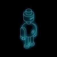 Neon blue robot standing isometrically on black background vector