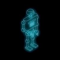 Neon blue robot standing isometric view vector
