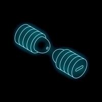 Two wireless earbuds lying separately forming neon blue contour on black background vector