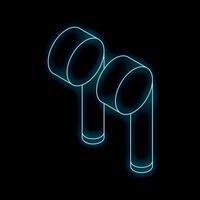 Pair of wireless earbuds glowing with blue neon light on black background vector
