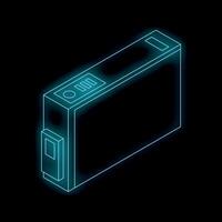 Neon ink cartridge floating on black background vector