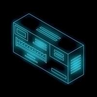 Neon server rack glowing against black background vector