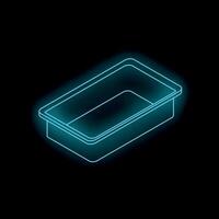 Glowing neon blue food container with lid open on a black background vector