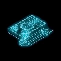 Digital multimeter with probes is glowing blue neon color on black background vector