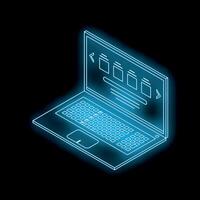 Neon blue laptop computer showing software interface on screen vector