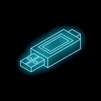 Neon usb flash drive icon glowing on black background vector