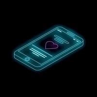 Neon smartphone with heart shape on screen displaying concept of online dating app vector