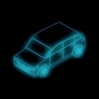 Glowing neon blue wireframe of a generic family car isometric view vector