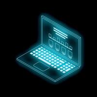 Neon blue laptop showing data chart on black background vector