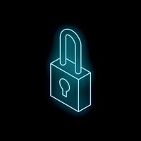 Neon padlock glowing on dark background symbolizing cybersecurity vector
