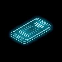 Neon smartphone showing data on black background vector
