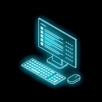 Neon computer displaying code on black background vector