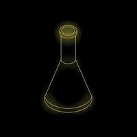 Neon yellow conical flask glowing on black background vector