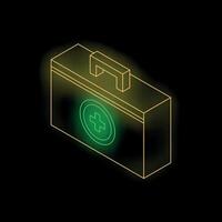 Neon green first aid kit glowing on black background vector