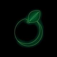 Green neon light showing a peach fruit with leaf on black background vector