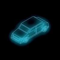Blue neon wireframe sedan isometric right view on black background vector
