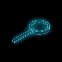Neon magnifying glass shining on dark background vector