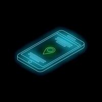 Neon smartphone showing location pin on screen vector